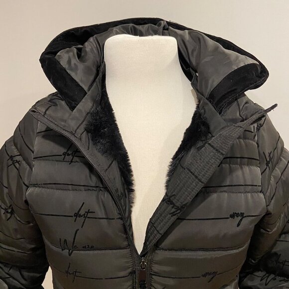 Desigual Womens Long Black Hooded Puffer Jacket Size 36 With Side Lace Details - Picture 9 of 16